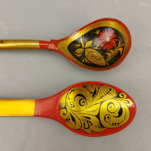 Old Hand-Painted Set of Two Russian Khokhloma Wooden Spoons Used