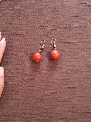 Vintage earrings with red spherical stones and silver 925 hooks