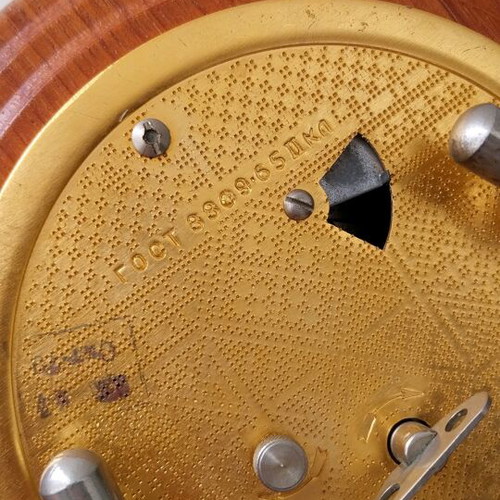 Mayak retro wind-up table clock used, wooden base
