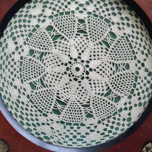 Serving tray like new with handmade doily, brass and wood