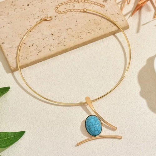 Steel gold necklace with turquoise stone minimal boho like new