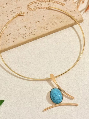 Steel gold necklace with turquoise stone minimal boho like new