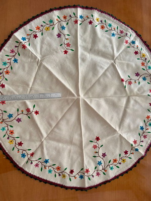 Handmade tablecloth new with Vogart permanent colors and lace
