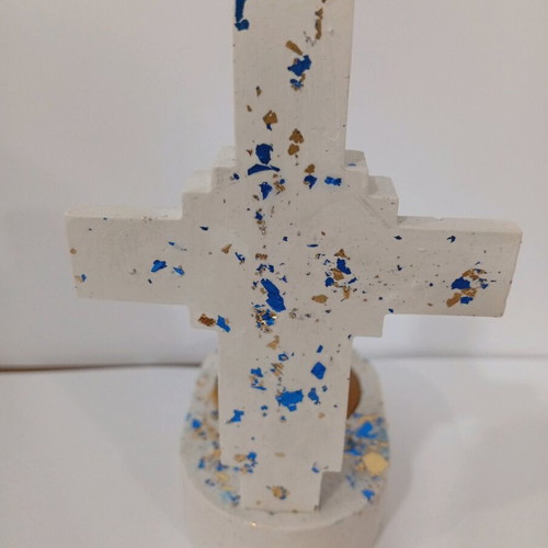 Handmade porcelain cross candle holder with pure beeswax and decorative leaves