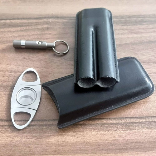 Leather Cigar Case Set with 2 Bullet & Guillotine Cutters used