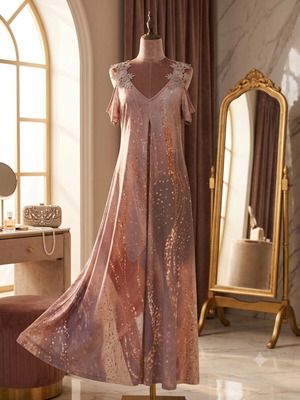 Women's long maxi dress with lace details, pink and mauve tones
