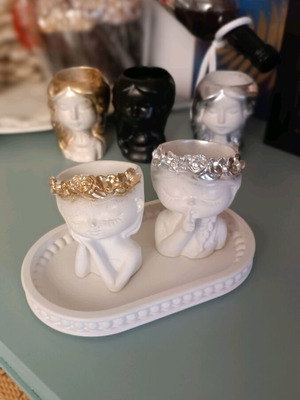 Tray and two girl vases gold silver like new handmade decorations