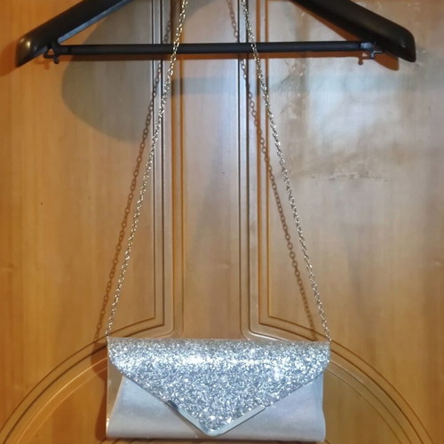 Silver evening clutch bag with glitter and chain, new