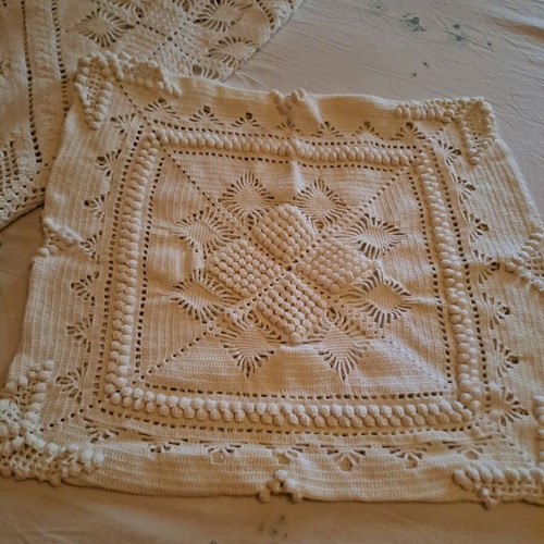 Handmade double bed blanket with two pillowcases, white crochet