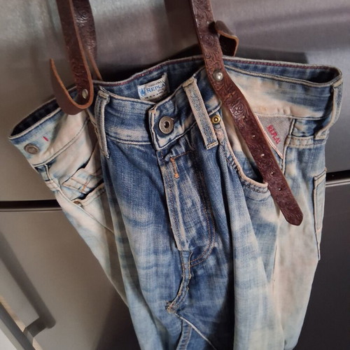 Replay shoulder bag used, blue denim with leather handles