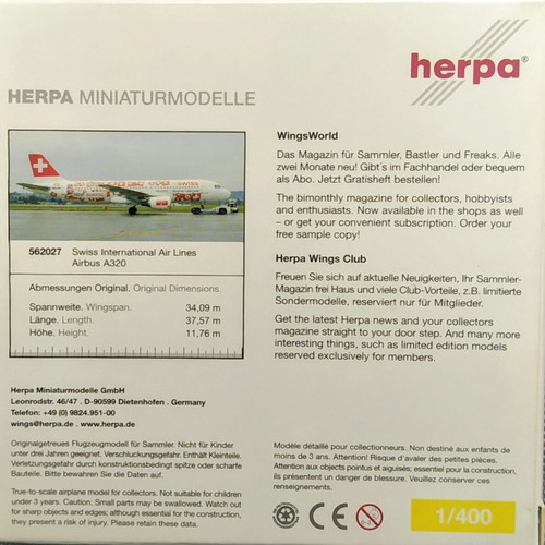 Herpa Airbus A320 Swiss collectible model airplane 1/400 scale new