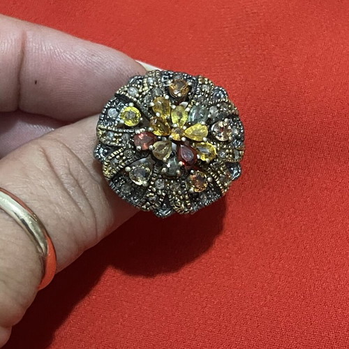 925 silver and 9K gold ring with diamonds and semi-precious stones, size 57