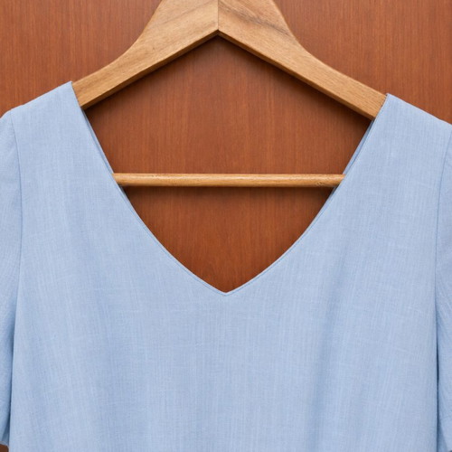 Blue cotton midi dress lined, size L, like new