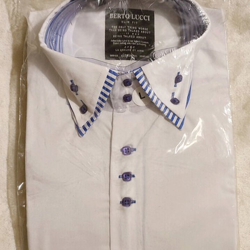 Berto Lucci shirt new white with blue stripes, slim fit, size Large