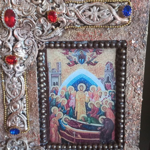Handmade wooden icon new, earthly life of Theotokos 35×24 cm