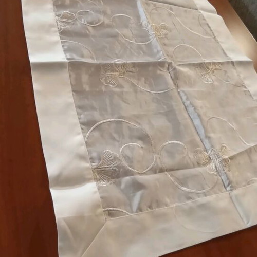 Embroidered table linen set like new, satin fabric yellow