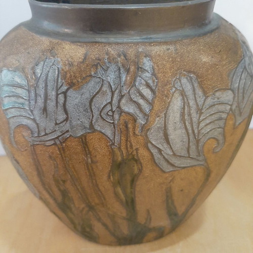 Indian brass vase used with embossed floral designs