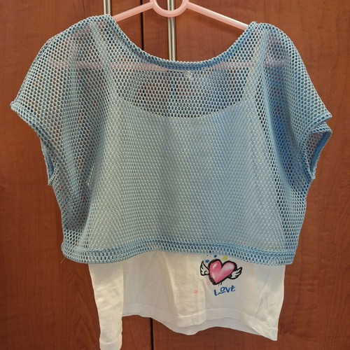 Girls' short-sleeve double top like new, sizes 128-134 cm, white and blue