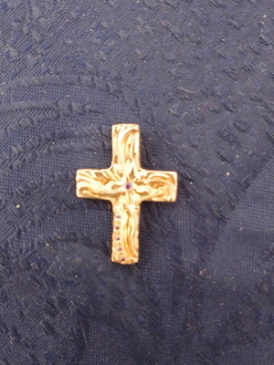 Cross with embossed flower design, 925 silver, 14k gold plated