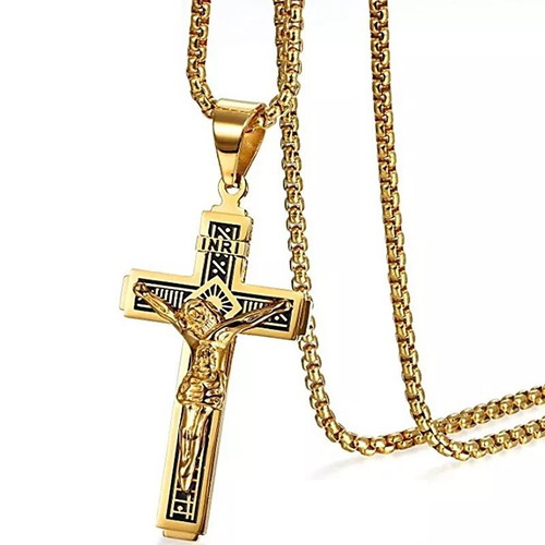 Cross Necklace Jesus Christ Crucifix Gold Black