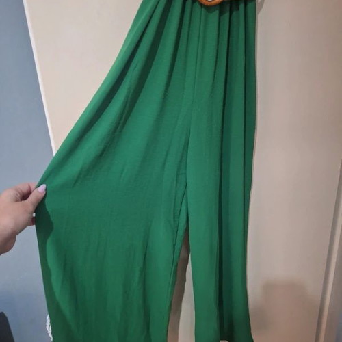 Long jumpsuit emerald green with woven belt and straps like new