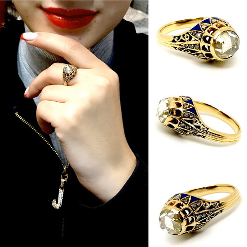 Vintage solitaire ring with 1.10ct diamond and blue enamel