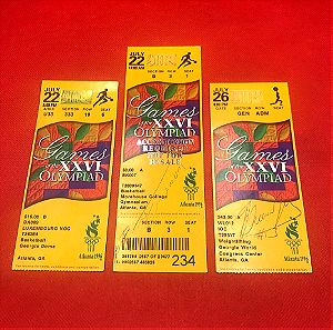 Εισιτήρια (x3) Atlanta 1996 Ολυμπιακοί Αγώνες , Το χρυσό του Πύρρου Δήμα που ακούστηκε το "κάτσε κάτω απο τη μπάρα" & 2 μπασκετ Ελλάδα - Βραζιλία. Αυτόγραφα Φασούλα και Παπανικολάου