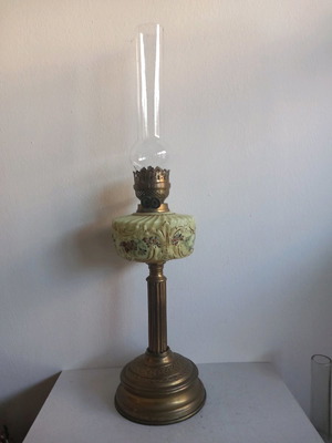 Antique old brass lamp 70 cm with hand-painted opaline