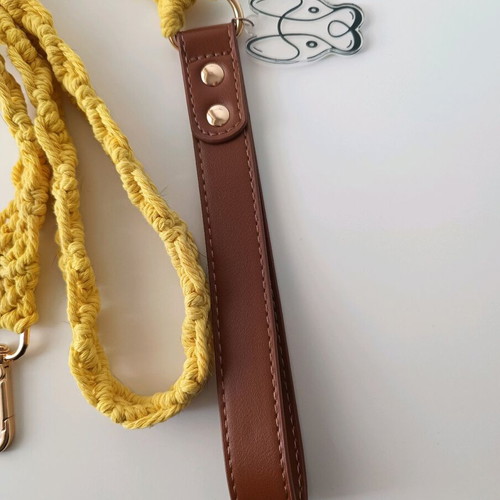 Handmade knitted dog leash yellow new with brown and rose gold details