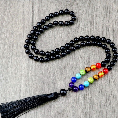 Mala from black agate for yoga, new with 7 chakras and silk tassel