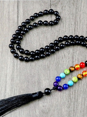 Mala from black agate for yoga, new with 7 chakras and silk tassel