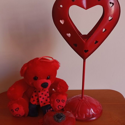 Valentine's Heart Metal Base Candle Holder with Ceramic Heart and Plush Bear