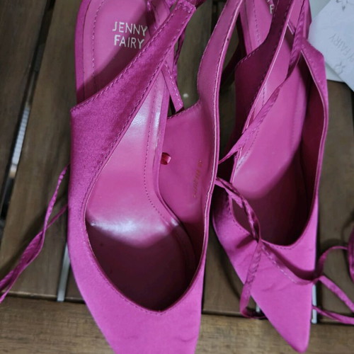 Jenny Fairy fuchsia satin heels with tie like new, size 38
