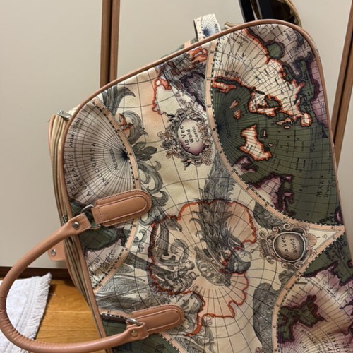 Vintage World Map suitcase used with wheels and telescopic handle