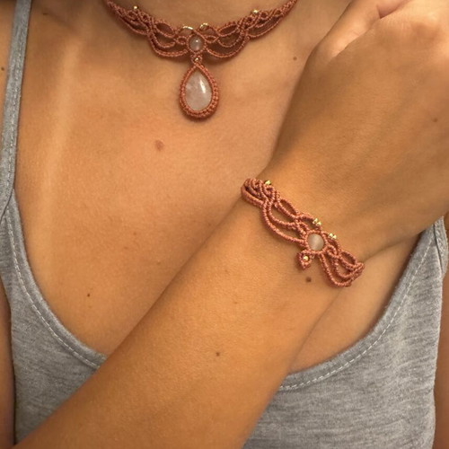 Macrame jewelry set with white opalite and quartz, new