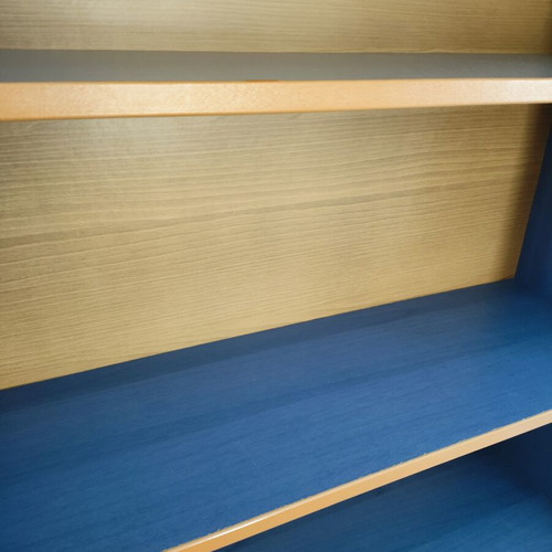 Bookcase with Shelves, Cabinet & Roller Blind used, blue and wood
