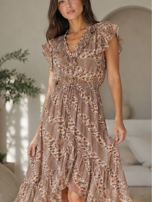 Maxi φόρεμα από μετάξι καινούργιο, μπεζ, boho στυλ με βολάν