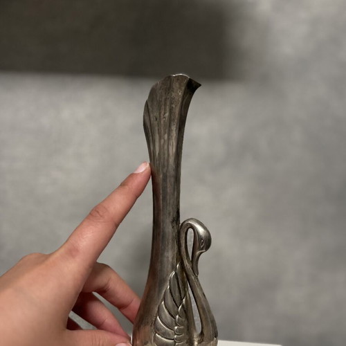 Vintage silver-plated metal mini swan vase