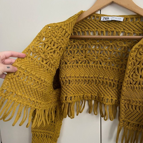 Zara boho crochet fringe cardigan 100% cotton new, yellow