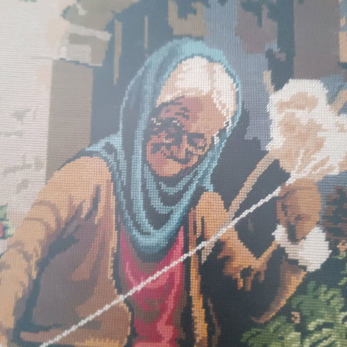 Handmade Gobelin embroidery "Grandma with the Spindle" used 60x75