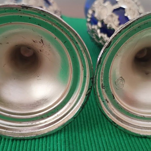 Pair of cobalt glass vases used with silver bases