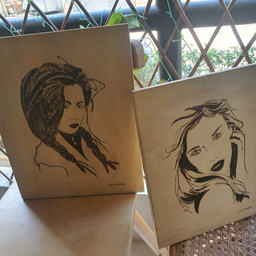 Wooden art frames with female portraits by Fragkiskos, set of 2