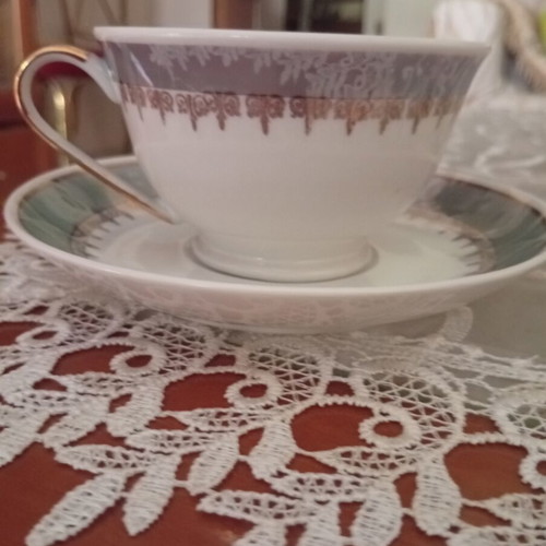 Porcelain vintage luxury tea set, 8 pieces, white and light blue