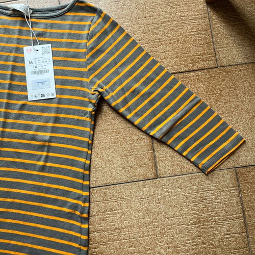 Zara blouse new with striped design, gray and orange, size M