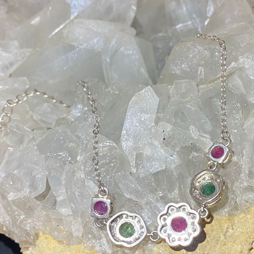 Handmade silver bracelet with natural emerald, ruby and moissanite
