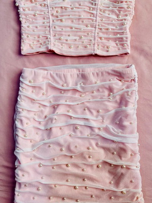 white pink woman's set strapless top and short skirt with pearls xs & small