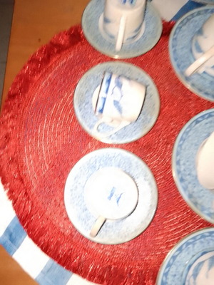 Kopin cups and saucers set used, blue floral porcelain