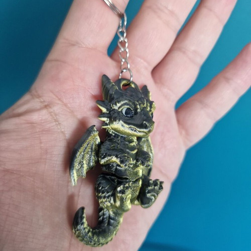 Flexi Baby Dragon 3D Printed Keychain PLA Silk Green Black