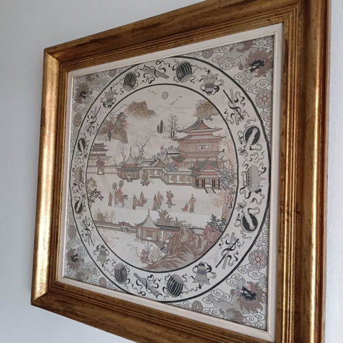 Frames with glass and silk fabric, set of 2, Chinese design, like new