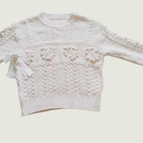Wool cotton blend sweater like new, cream off-white with heart details
